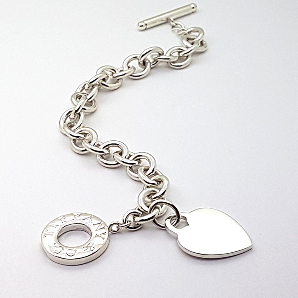 Tiffany & Co Toggle Bracelet 8.25" Heart Shopping Bag Charm  Sterling Silver wBox