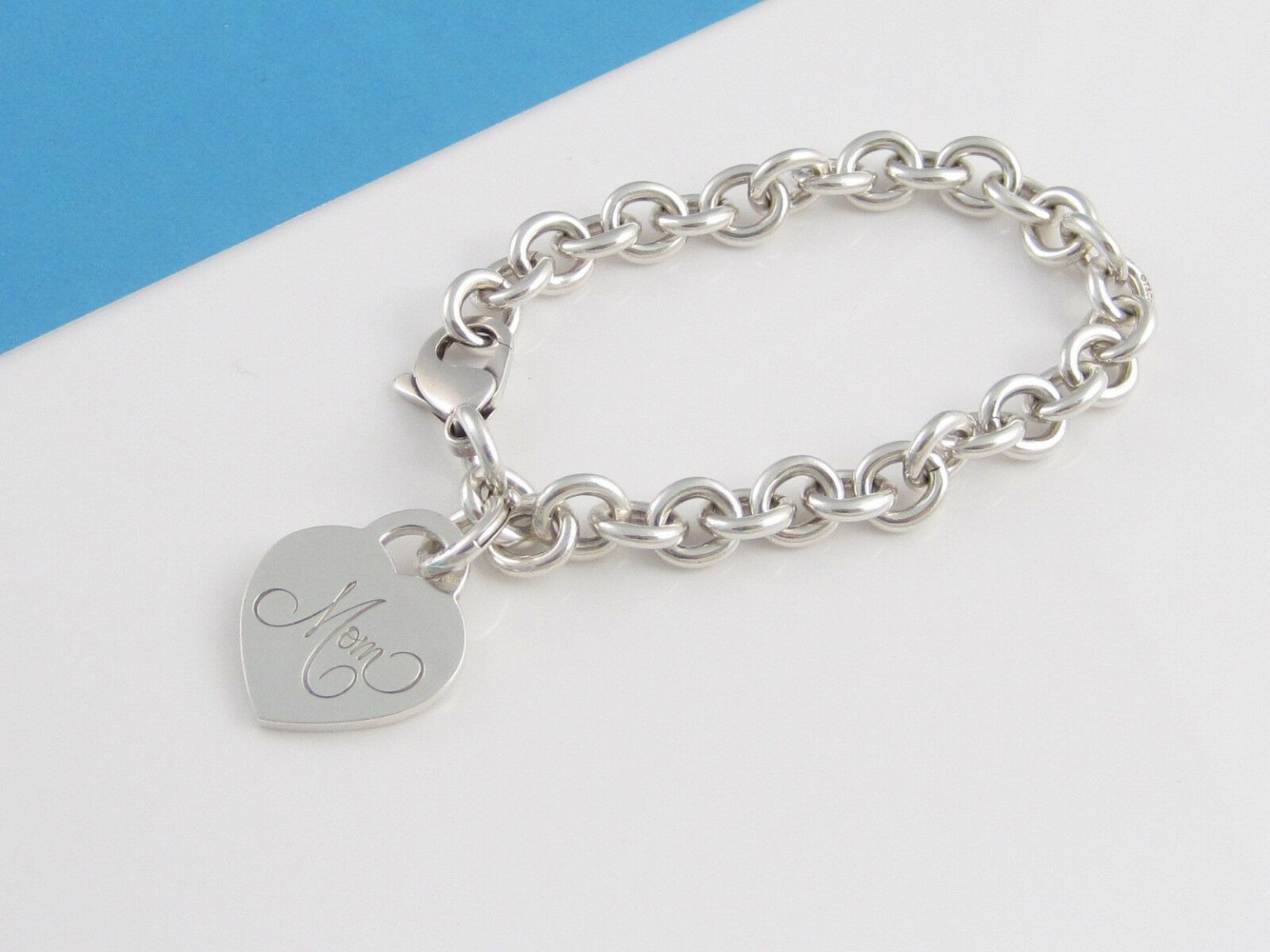 Tiffany & Co. MOM Sterling Silver Heart Charm Bracelet 8